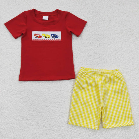 BSSO0133 Embroidery Cartoon Red Cars Boy's Shorts Set