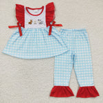 GSPO0381 embroidery Farm Cows Red Sky Blue Plaid Bow Girl's Set