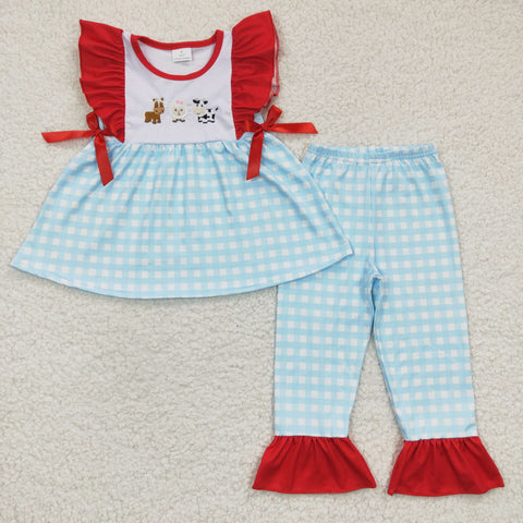 GSPO0381 embroidery Farm Cows Red Sky Blue Plaid Bow Girl's Set