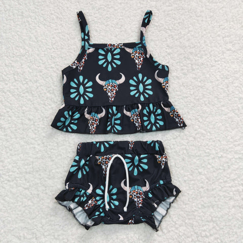 SALE GSSO0182 Summer Western Skull Bull Girl's Bummie Set