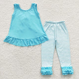 GSPO0504 Green Blue Stripe Bow Ruffles Cute Girl's Set