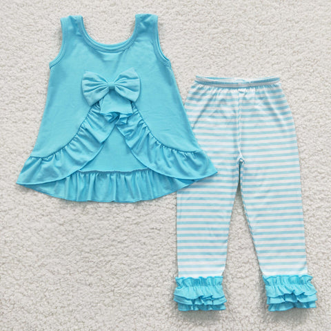 GSPO0504 Green Blue Stripe Bow Ruffles Cute Girl's Set