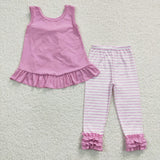 GSPO0507 Pink Stripe Bow Ruffles Cute Girl's Set