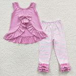 GSPO0507 Pink Stripe Bow Ruffles Cute Girl's Set