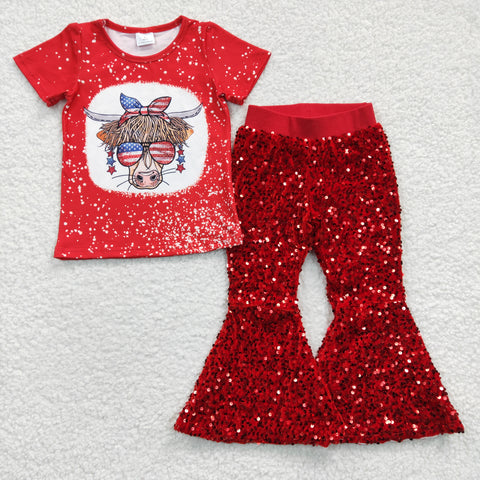 GSPO0540 National day western cow Sequin Red Girl's Set