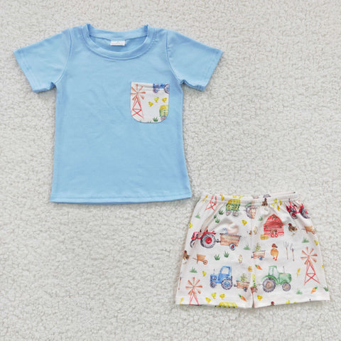 BSSO0142 Farm Truck Carrot Blue Boy's Shorts Set