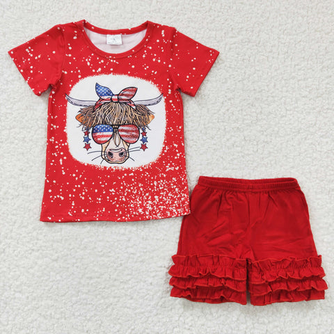 GSSO0251 National day Western Cow Red Girl's Shorts Set