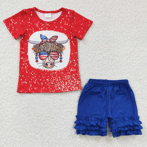 GSSO0250 National day Western Cow Blue Girl's Shorts Set