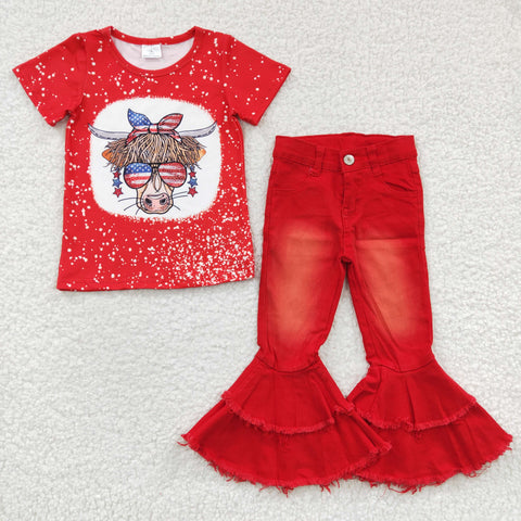 GSPO0541 National day Western Cow Red Jeans 2 Pcs Girl's Set
