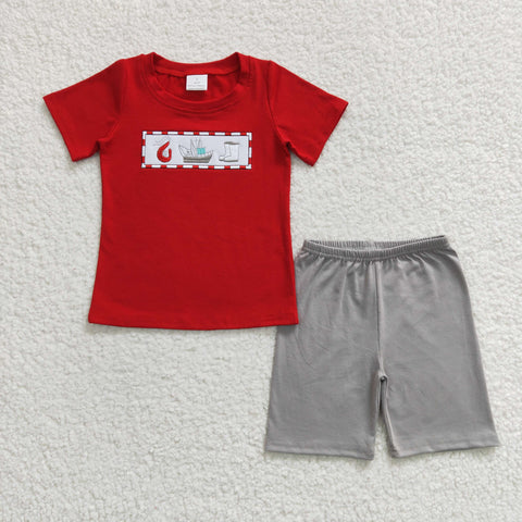 BSSO0144 Embroidery Ocean Boat Red Boy's Shorts Set