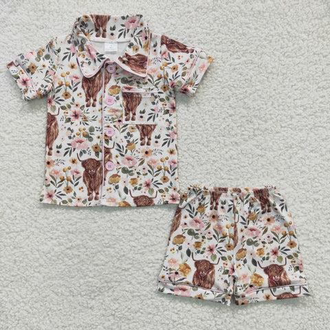 GSSO0176 Western Cow Flower Pink Girl's Shorts Pajamas