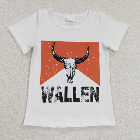 GT0146 WALLEN Western Skull Bull White Short Sleeves Girl's Shirt