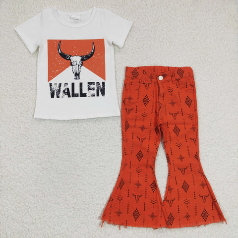 GSPO0481 Fashion WALLEN Western Skull Bull Jeans 2 Pcs Girl's Set