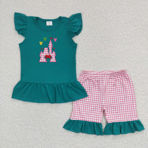 GSSO0151 Embroidery Castle Cute Pink Plaid Girl's Shorts Set