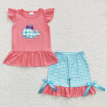 GSSO0150 Embroidery Whale Cute Pink Blue Girl's Shorts Set