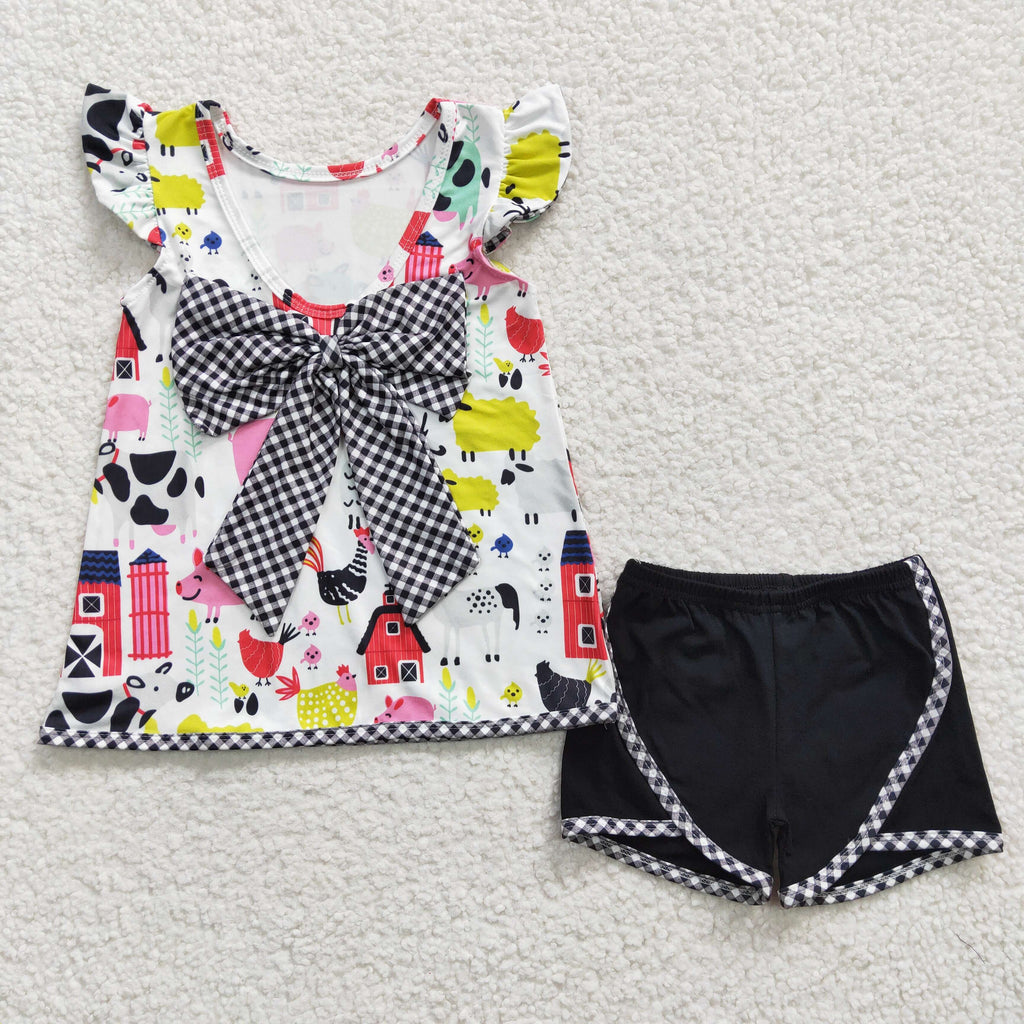 B11-4 Farm Bow Black Cow Girl's Shorts Set – Amy yu garments wholesale