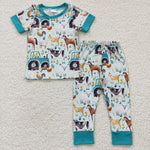 BLP0150 Farm Animal Truck Flower Blue Boy's Set Pajamas