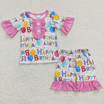 GSSO0198 Happy Birthday Pink Girl's Shorts Set