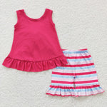 GSSO0209 Hot Pink Stripe Bow Cute Girl's Shorts Set