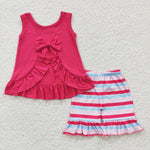 GSSO0209 Hot Pink Stripe Bow Cute Girl's Shorts Set
