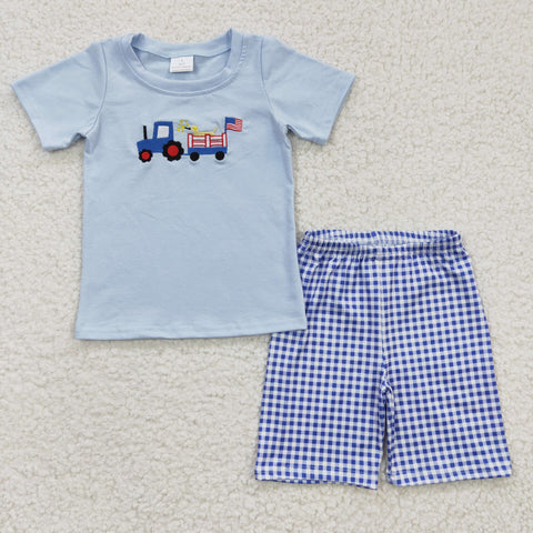 BSSO0195 embroidery National Day Dog Flag Blue Plaid Boy's Shorts Set