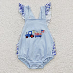 SR0274 embroidery National Day Dog Flag Blue Plaid Baby Cute Girl's Romper