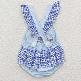 SR0274 embroidery National Day Dog Flag Blue Plaid Baby Cute Girl's Romper