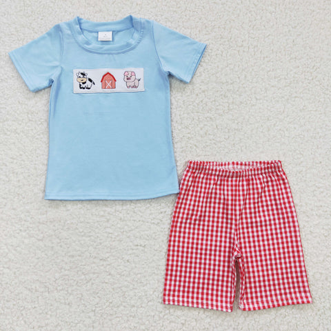 BSSO0181 Embroidery Farm Cow Pig Sky Blue Pig Red Plaid Boy's Shorts Set