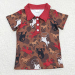 BT0162 Western Horse Riding Brown Red Short Sleeves Boy's Shirt