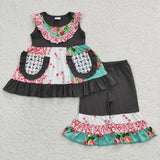 E3-16 Girl's Flower Sleeveless Top With Pockets Grey Set