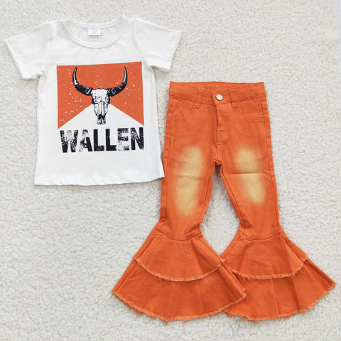 GSPO0546 WALLEN Western Orange Jeans 2 Pcs Girl's Set