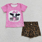 GSSO0255 Mooody heifer Pink Leopard Denim Shorts 2 Pcs Girl's Set