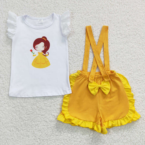 A10-15 Summer Princess Yellow Overalls Shorts Girl's Set