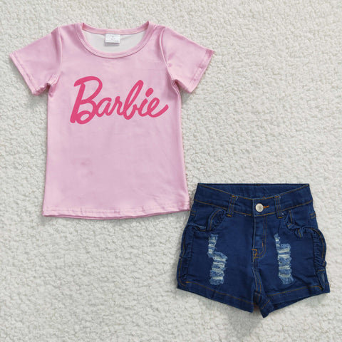 GSS00258 Barbie Pink Blue Ruffle Denim Shorts 2 Pcs Girl's Set