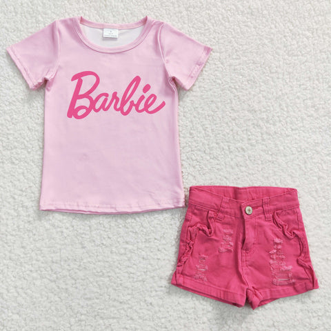 GSS00257 Barbie Pink Ruffle Denim Shorts 2 Pcs Girl's Set