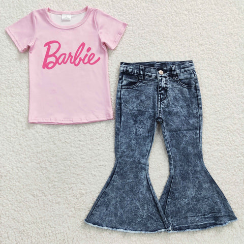 GSPO0557 Fashion Barbie Pink Blue Jeans 2 Pcs Girl's Set