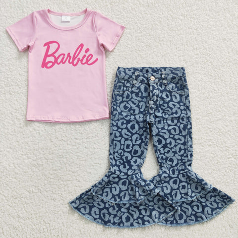 GSPO0555 Fashion Barbie Pink Blue Leopard Jeans 2 Pcs Girl's Set