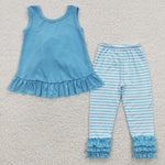 GSPO0505 Blue Stripe Bow Ruffles Cute Girl's Set