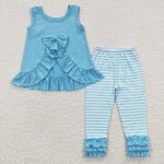 GSPO0505 Blue Stripe Bow Ruffles Cute Girl's Set