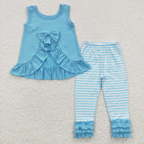 GSPO0505 Blue Stripe Bow Ruffles Cute Girl's Set