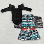 GSPO0552 Fashion Golden velvet Romper Western Stripe Tassel Black Girl's Set