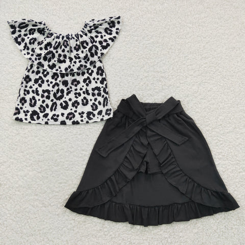 GSSO0183 Fashion Leopard Black Skirt Shorts Belt Girl's Set