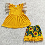 SALE A10-24 Baby Girl Sunflower Lace Yellow Shorts Set