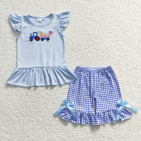 GSSO0206 Embroidery National Day Dog Flag Blue Plaid Girl's Shorts Set