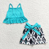 SALE GSSO0201 Western Geometry Belt Blue Girl's Shorts Set
