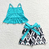SALE GSSO0201 Western Geometry Belt Blue Girl's Shorts Set