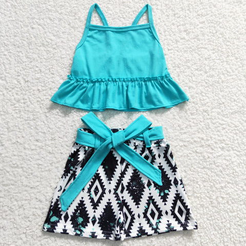 SALE GSSO0201 Western Geometry Belt Blue Girl's Shorts Set