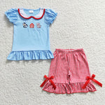 GSSO0200 Embroidery Farm Cow Pig Sky Blue Pig Red Plaid Girl's Shorts Set