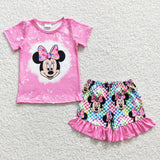 GSSO0163 Cartoon Mouse Colorful Plaid Pink Girl's Shorts Set