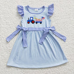 GSD0279 Embroidery National Day Dog Flag Blue Plaid Bow Girl's Dress